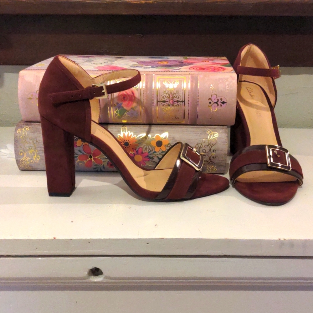 Clarks suede burgundy high heels. Size 9.